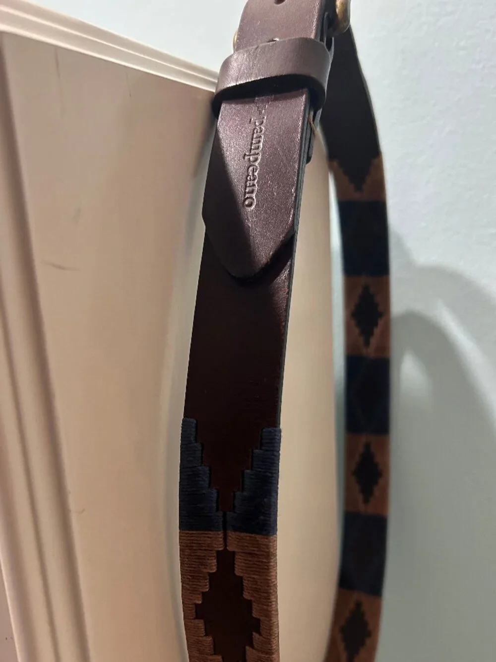 pampeano Brown Leather Argentine Polo Belt Navy Tan Embroidered